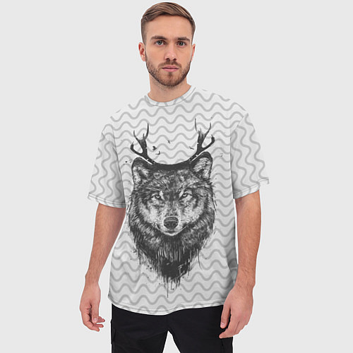 Мужская футболка оверсайз Рогатый волк / 3D-принт – фото 3