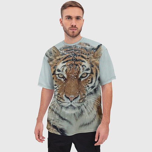 Мужская футболка оверсайз Тигр в снегу / 3D-принт – фото 3