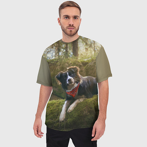 Мужская футболка оверсайз Собачка на траве / 3D-принт – фото 3