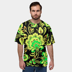 Футболка оверсайз мужская Хохлома: черный и салатовый, цвет: 3D-принт — фото 2