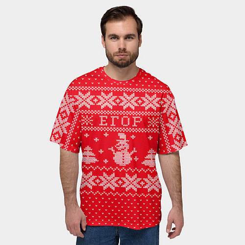 Мужская футболка оверсайз Новогодний Егор ugly sweater со снеговиками / 3D-принт – фото 3