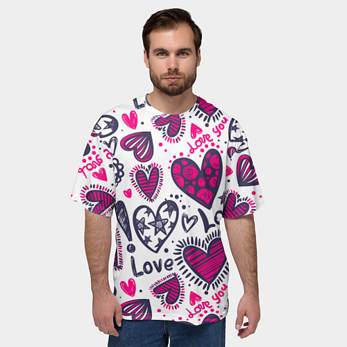 Мужская футболка оверсайз Love - pink hearts / 3D-принт – фото 3