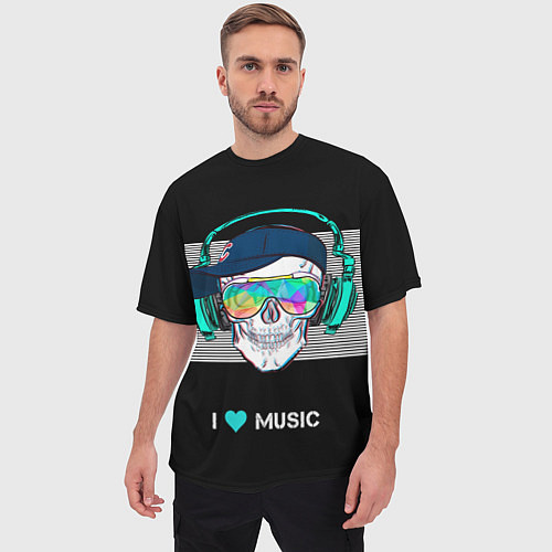 Мужская футболка оверсайз I like music - skull / 3D-принт – фото 3