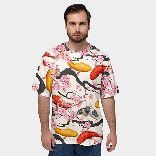 Мужская футболка оверсайз Карпы кои в сакуре / 3D-принт – фото 3