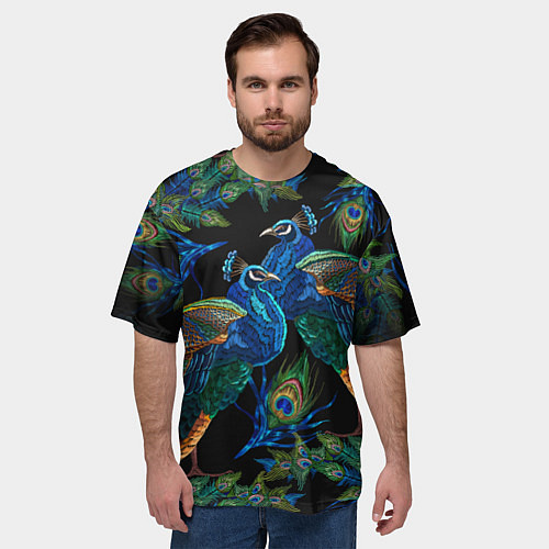 Мужская футболка оверсайз Павлины - вышивка гладью / 3D-принт – фото 3