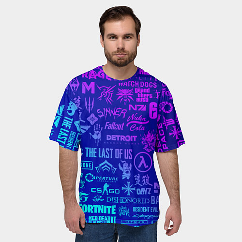 Мужская футболка оверсайз Неоновые геймерские лого / 3D-принт – фото 3