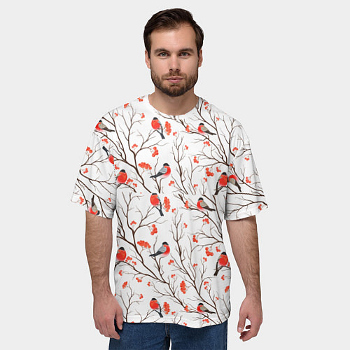 Мужская футболка оверсайз Снегири в зимнем лесу / 3D-принт – фото 3