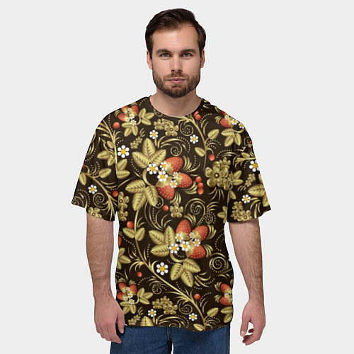 Мужская футболка оверсайз Хохлома роспись клубника / 3D-принт – фото 3