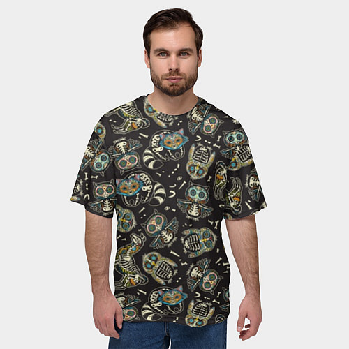 Мужская футболка оверсайз День мертвых - звери и птицы / 3D-принт – фото 3