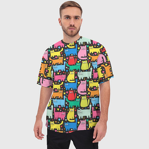 Мужская футболка оверсайз Разноцветные котики / 3D-принт – фото 3