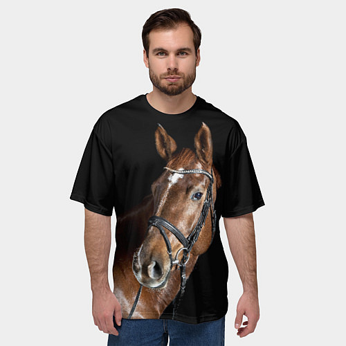 Мужская футболка оверсайз Гнедая лошадь в збруе / 3D-принт – фото 3