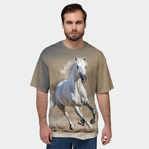 Мужская футболка оверсайз Белый конь - галоп / 3D-принт – фото 3