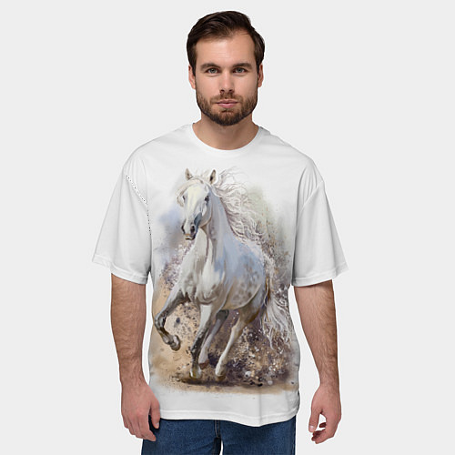 Мужская футболка оверсайз Белая конь мчится галопом / 3D-принт – фото 3