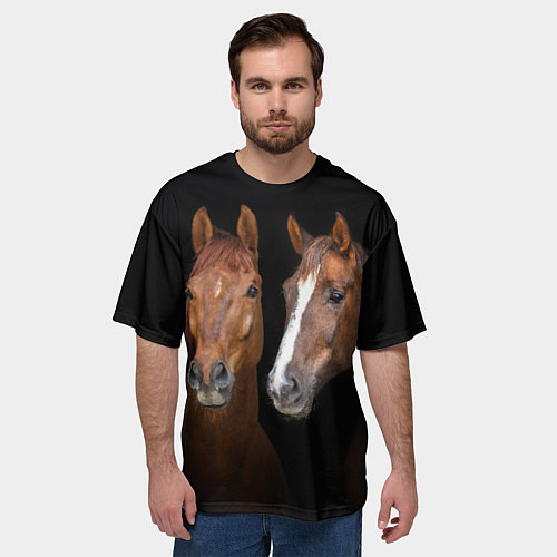 Мужская футболка оверсайз Лошади - пара гнедых / 3D-принт – фото 3