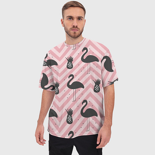Мужская футболка оверсайз Черный фламинго арт / 3D-принт – фото 3