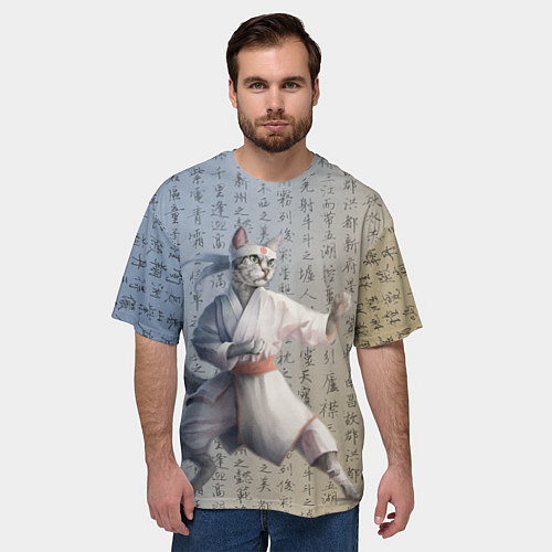 Мужская футболка оверсайз Karate cat / 3D-принт – фото 3