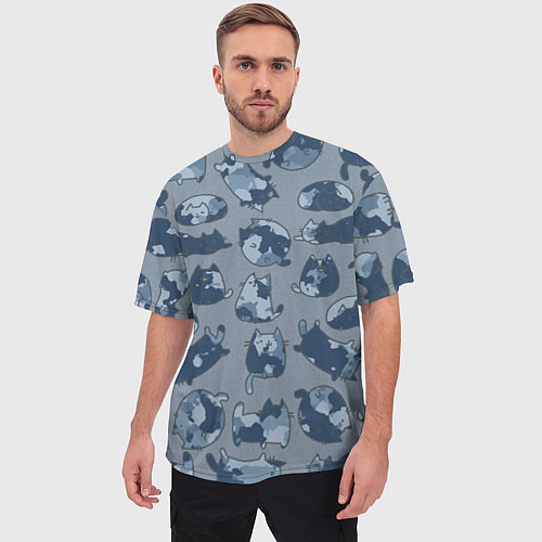 Мужская футболка оверсайз Камуфляж с котиками серо-голубой / 3D-принт – фото 3