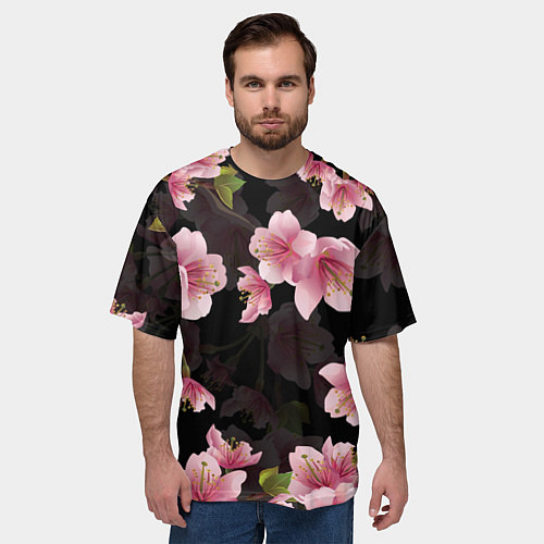 Мужская футболка оверсайз САКУРА ВИШНЯ / 3D-принт – фото 3