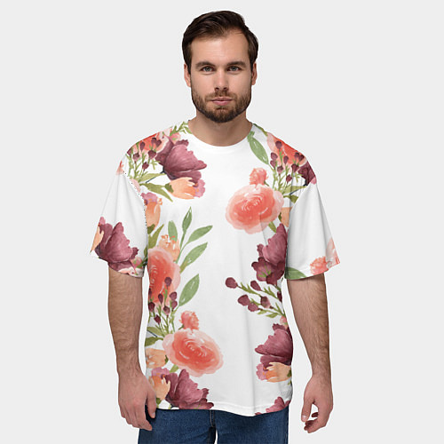 Мужская футболка оверсайз Цветы на белом / 3D-принт – фото 3