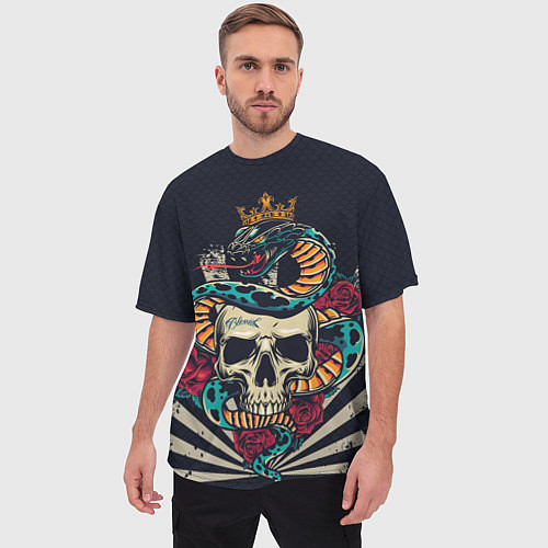 Мужская футболка оверсайз Змея с короной на черепе / 3D-принт – фото 3