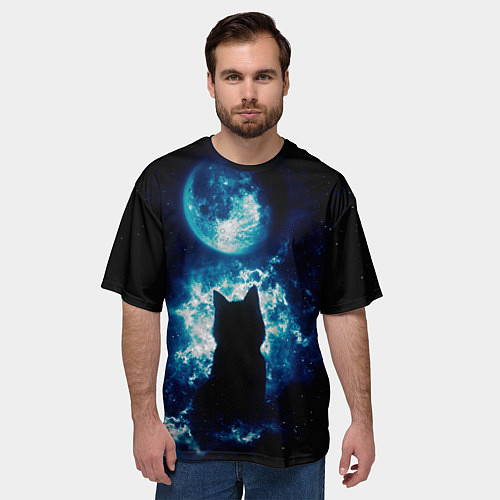 Мужская футболка оверсайз Кот силуэт луна ночь звезды / 3D-принт – фото 3