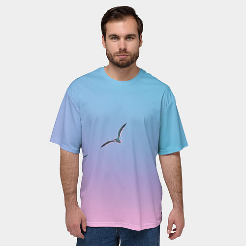 Мужская футболка оверсайз Чайки птицы полет градиент / 3D-принт – фото 3