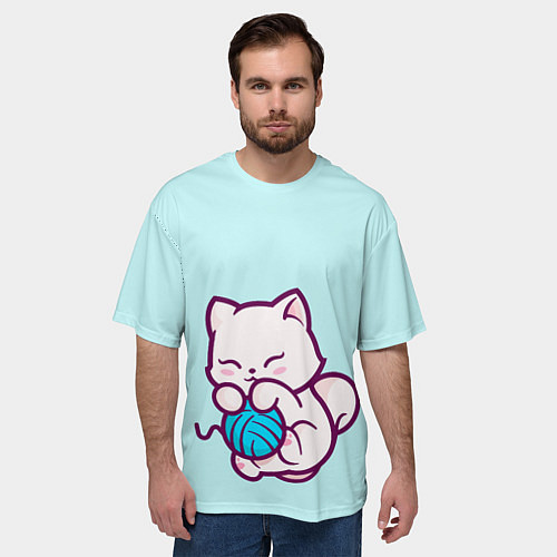 Мужская футболка оверсайз Белый котенок с клубком милый / 3D-принт – фото 3