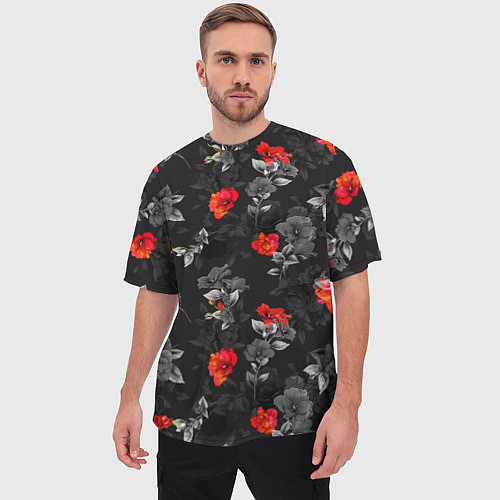 Мужская футболка оверсайз Красные цветы / 3D-принт – фото 3