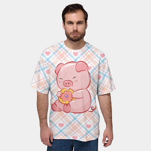 Мужская футболка оверсайз Свинка ест пончик / 3D-принт – фото 3