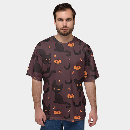 Мужская футболка оверсайз Хэллоуиновский кот / 3D-принт – фото 3