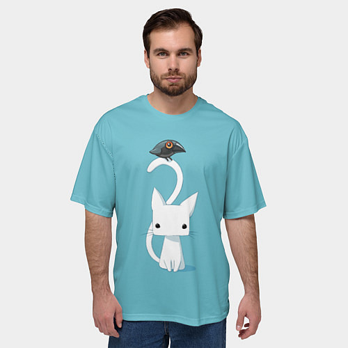 Мужская футболка оверсайз Белый котик и воробушек / 3D-принт – фото 3