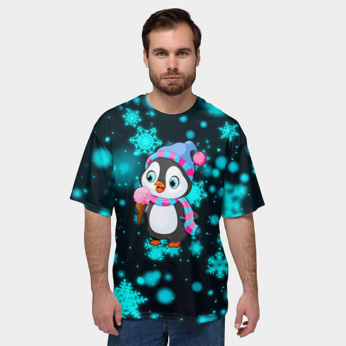 Мужская футболка оверсайз Новогодний пингвин / 3D-принт – фото 3