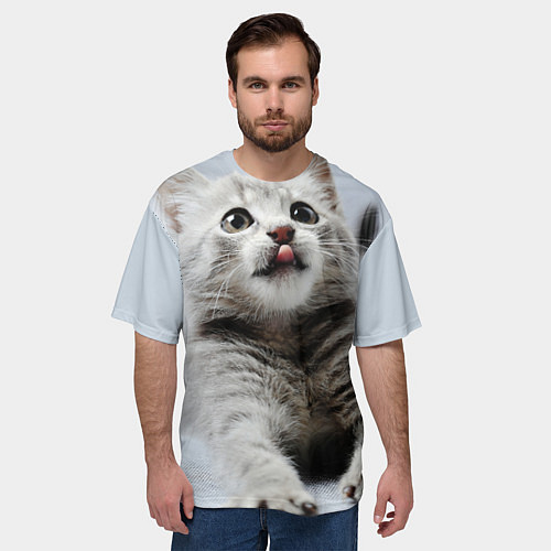 Мужская футболка оверсайз Серый котенок / 3D-принт – фото 3