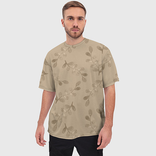 Мужская футболка оверсайз Листья на бежевом фоне / 3D-принт – фото 3