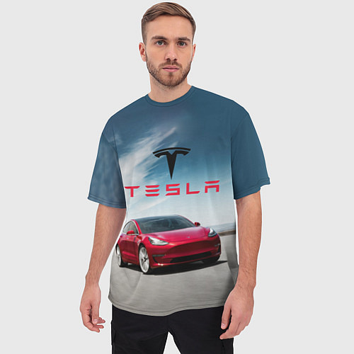 Мужская футболка оверсайз Tesla Model 3 / 3D-принт – фото 3