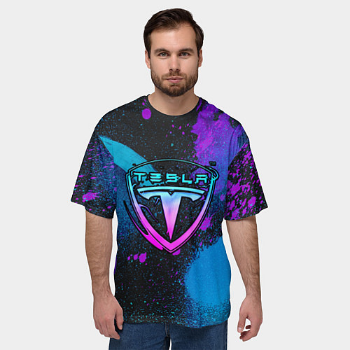 Мужская футболка оверсайз TESLA NEON / 3D-принт – фото 3