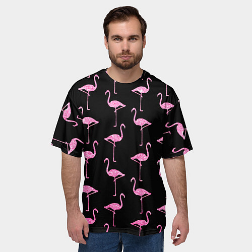 Мужская футболка оверсайз Фламинго Чёрная / 3D-принт – фото 3
