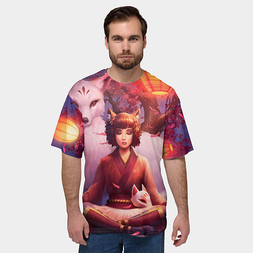 Мужская футболка оверсайз Девушка-лиса / 3D-принт – фото 3
