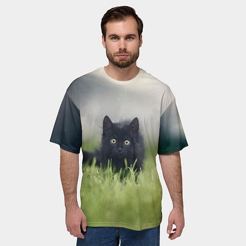 Мужская футболка оверсайз Черный кот на лугу / 3D-принт – фото 3