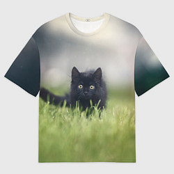 Футболка оверсайз мужская Черный кот на лугу, цвет: 3D-принт