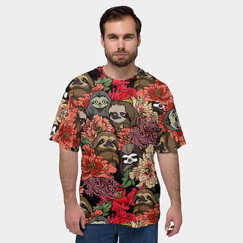Мужская футболка оверсайз Ленивец & Цветочки / 3D-принт – фото 3