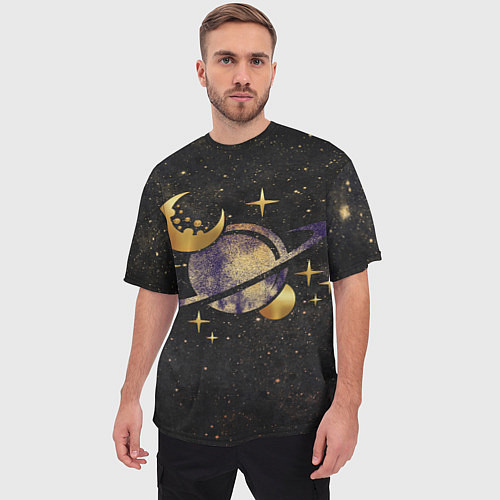 Мужская футболка оверсайз Сатурн, луна, спутник и звезды / 3D-принт – фото 3