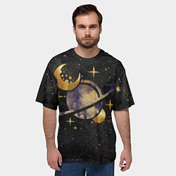 Футболка оверсайз мужская Сатурн, луна, спутник и звезды, цвет: 3D-принт — фото 2