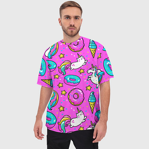 Мужская футболка оверсайз Единороги с пончиками / 3D-принт – фото 3