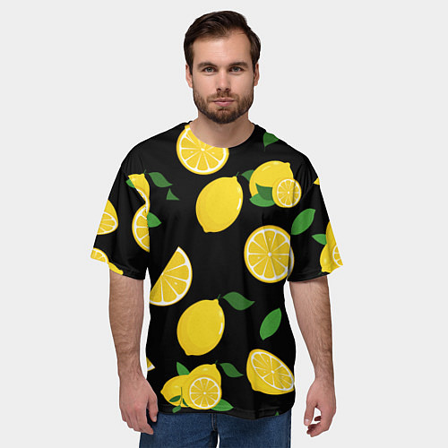 Мужская футболка оверсайз Лимоны на чёрном / 3D-принт – фото 3