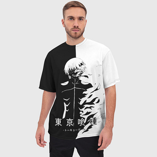 Мужская футболка оверсайз Токийский гуль черно белый Кен / 3D-принт – фото 3