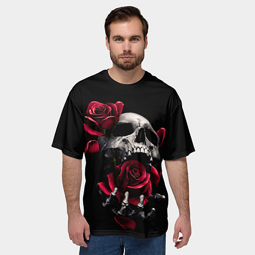 Мужская футболка оверсайз ЧЕРЕП И РОЗЫ / 3D-принт – фото 3