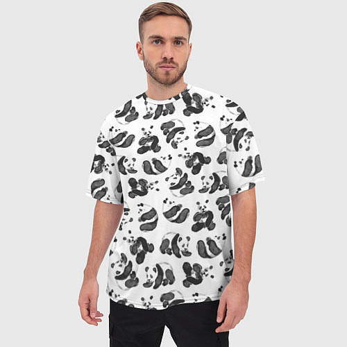 Мужская футболка оверсайз Акварельные панды паттерн / 3D-принт – фото 3