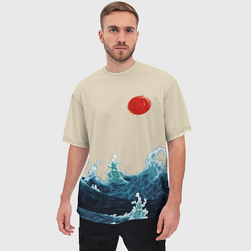Мужская футболка оверсайз Японский Стиль Волны и Солнце / 3D-принт – фото 3