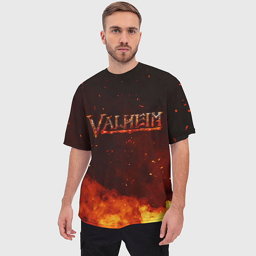Мужская футболка оверсайз Valheim огненный лого / 3D-принт – фото 3